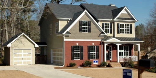 White grey and red wooden house for sale