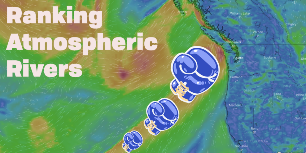 A map of an atmospheric river hitting Vancouver Island with cartoon boxing gloves lining up to punch the Island.