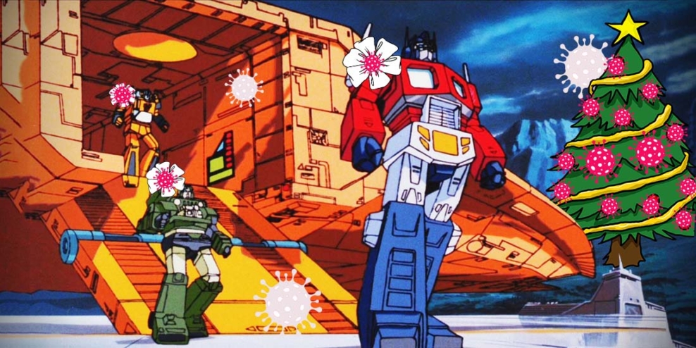 A still shot from the cartoon "Transformers" with little COVID shapes on it like decorations and a Christmas tree pasted into the background.