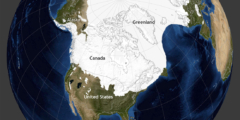 A map of the last ice age, where ice covers all of Canada, the Arctic, and parts of Scandinavia.