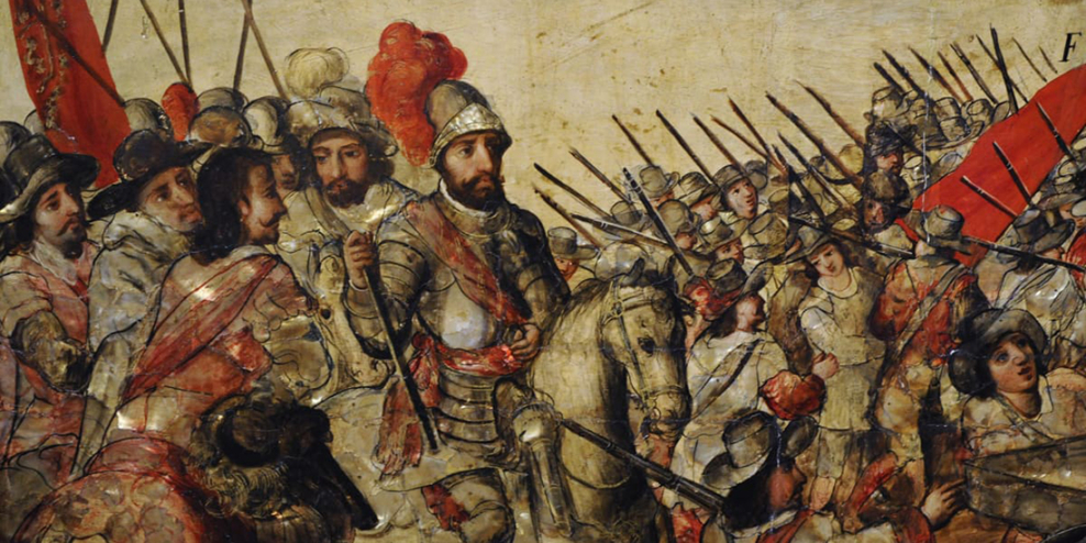 A painting of Hernan Cortes and his army on horseback.