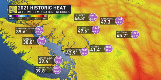 A weather map of the hottest temperatures set in BC in the June 2021 heat dome.