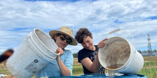 Two farmers pour from white buckets into a big tub on Sandown farm.